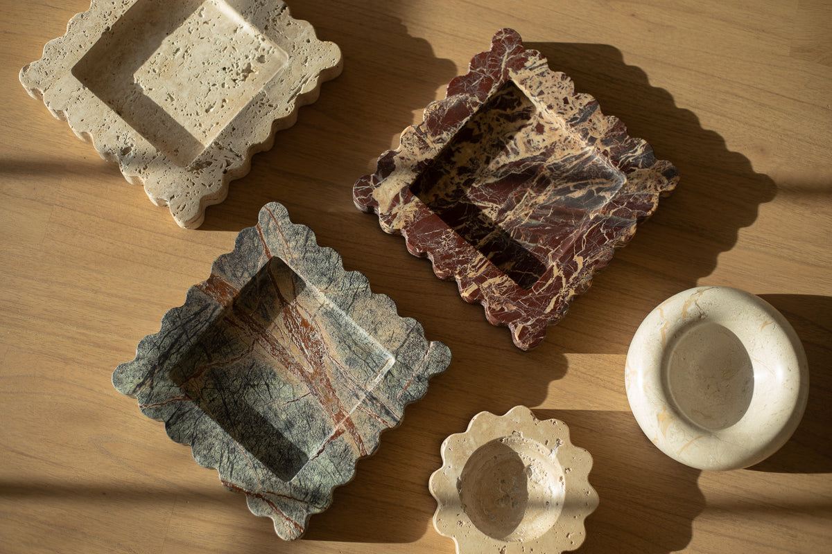 The Box Tray Seagrass by Anastasio Home, crafted from Indian Green Marble. This hand-finished, decorative tray features a unique seagrass color, ideal for organizing your coffee table or vanity.