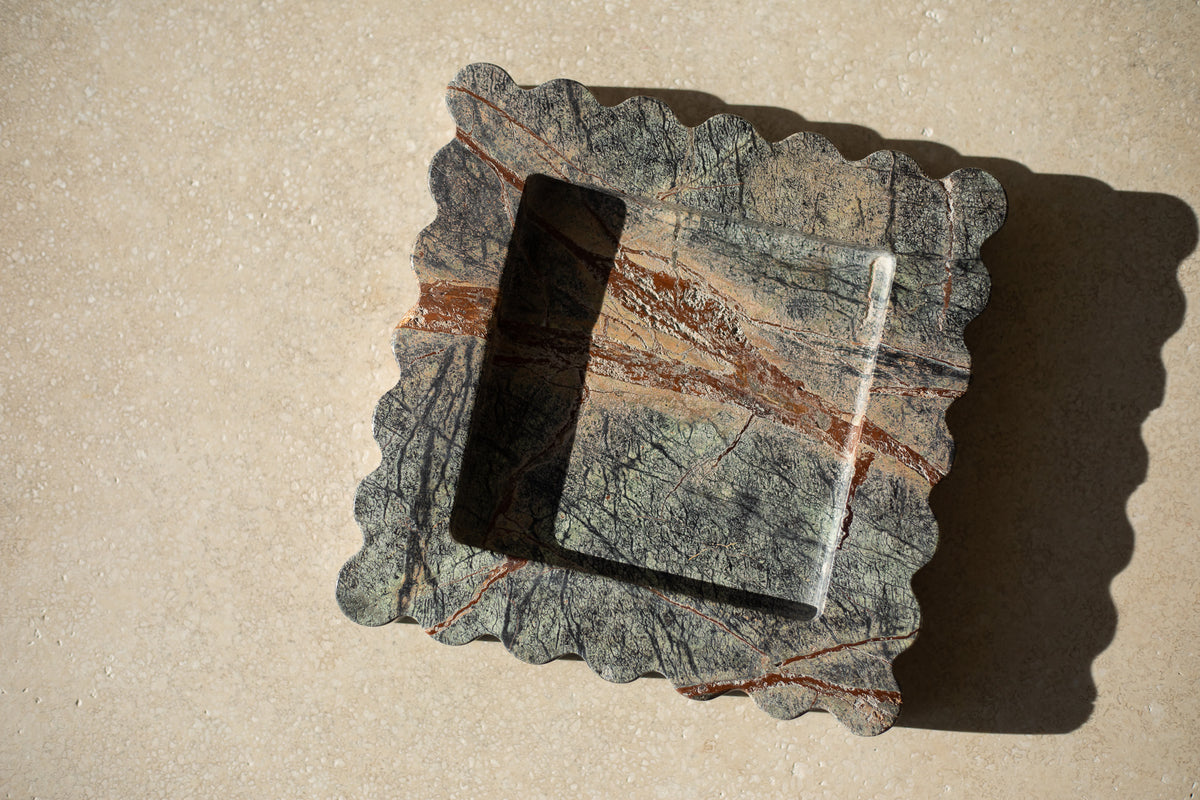 The Box Tray Seagrass by Anastasio Home, crafted from Indian Green Marble. This hand-finished, decorative tray features a unique seagrass color, ideal for organizing your coffee table or vanity.