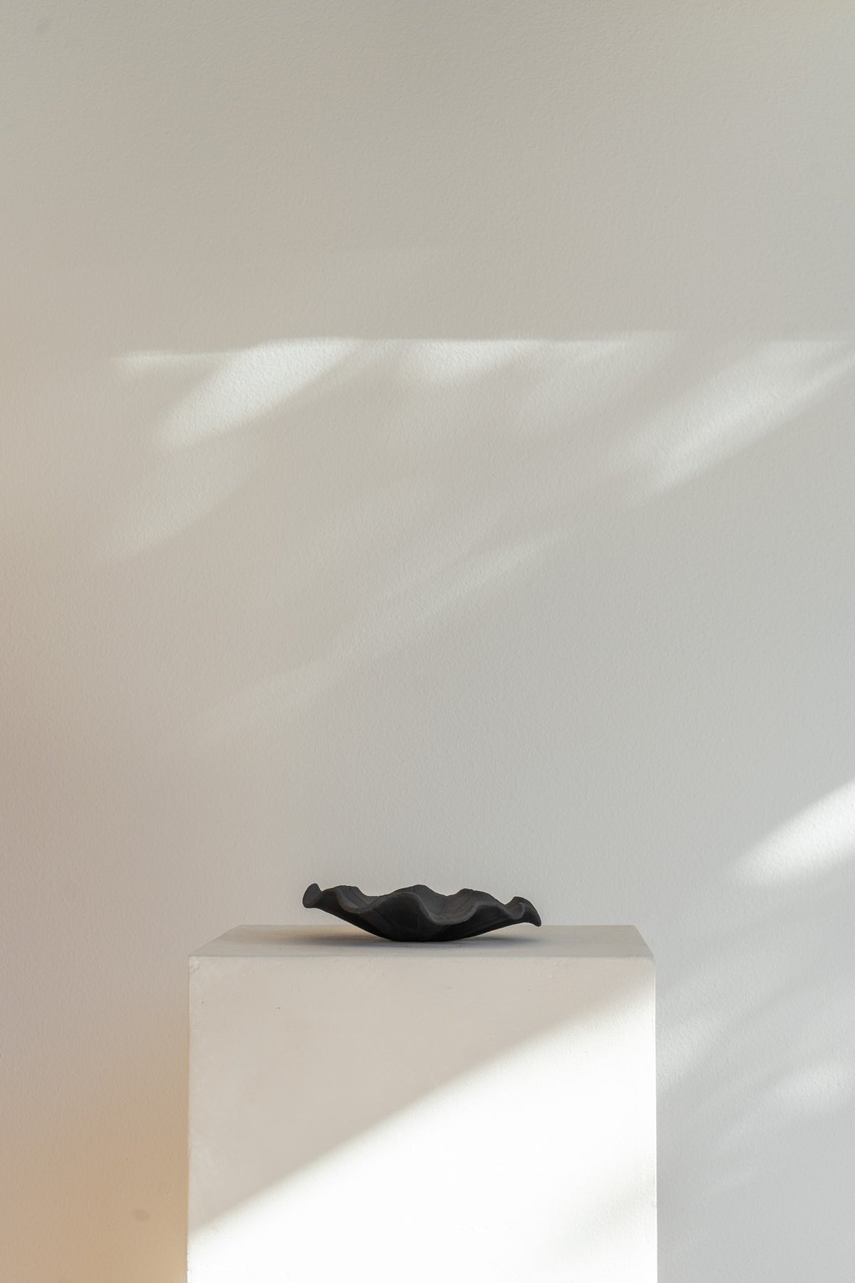 A low handmade ceramic tray with a wavy edge. The tray has a light brown, slightly textured surface 