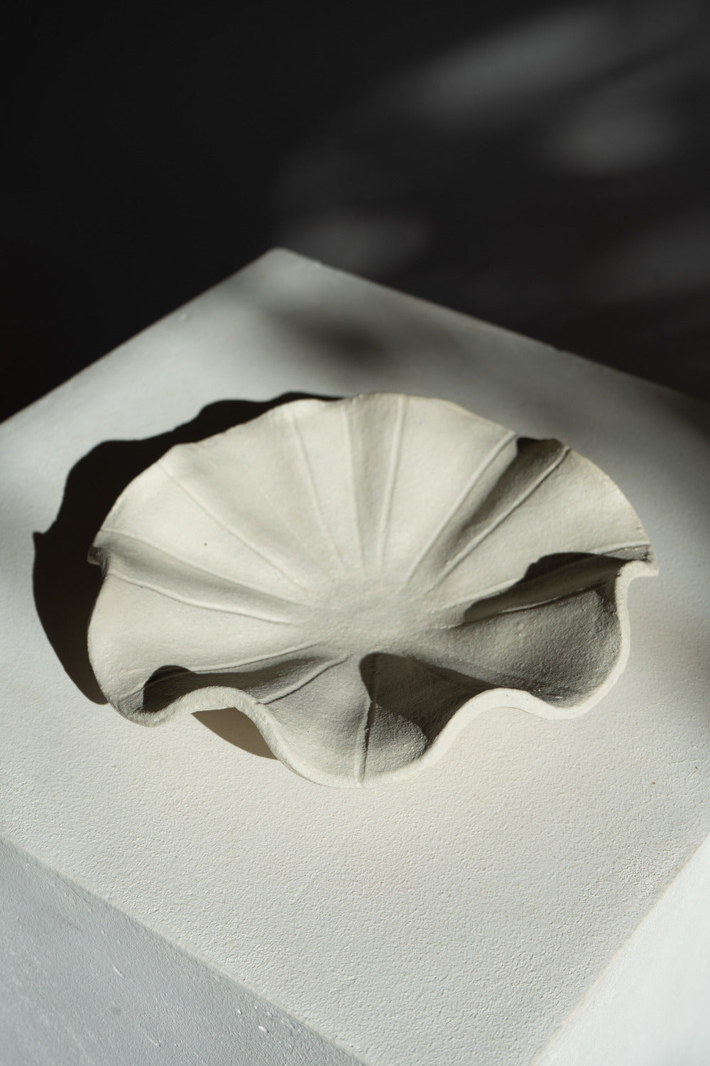 A low handmade ceramic tray with a wavy edge. The tray has a light brown, slightly textured surface 