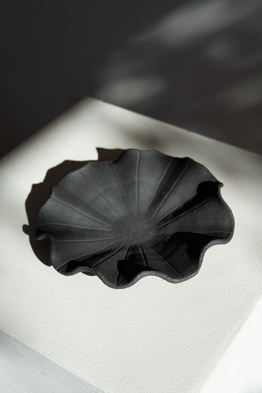 A low handmade ceramic tray with a wavy edge. The tray has a light brown, slightly textured surface 