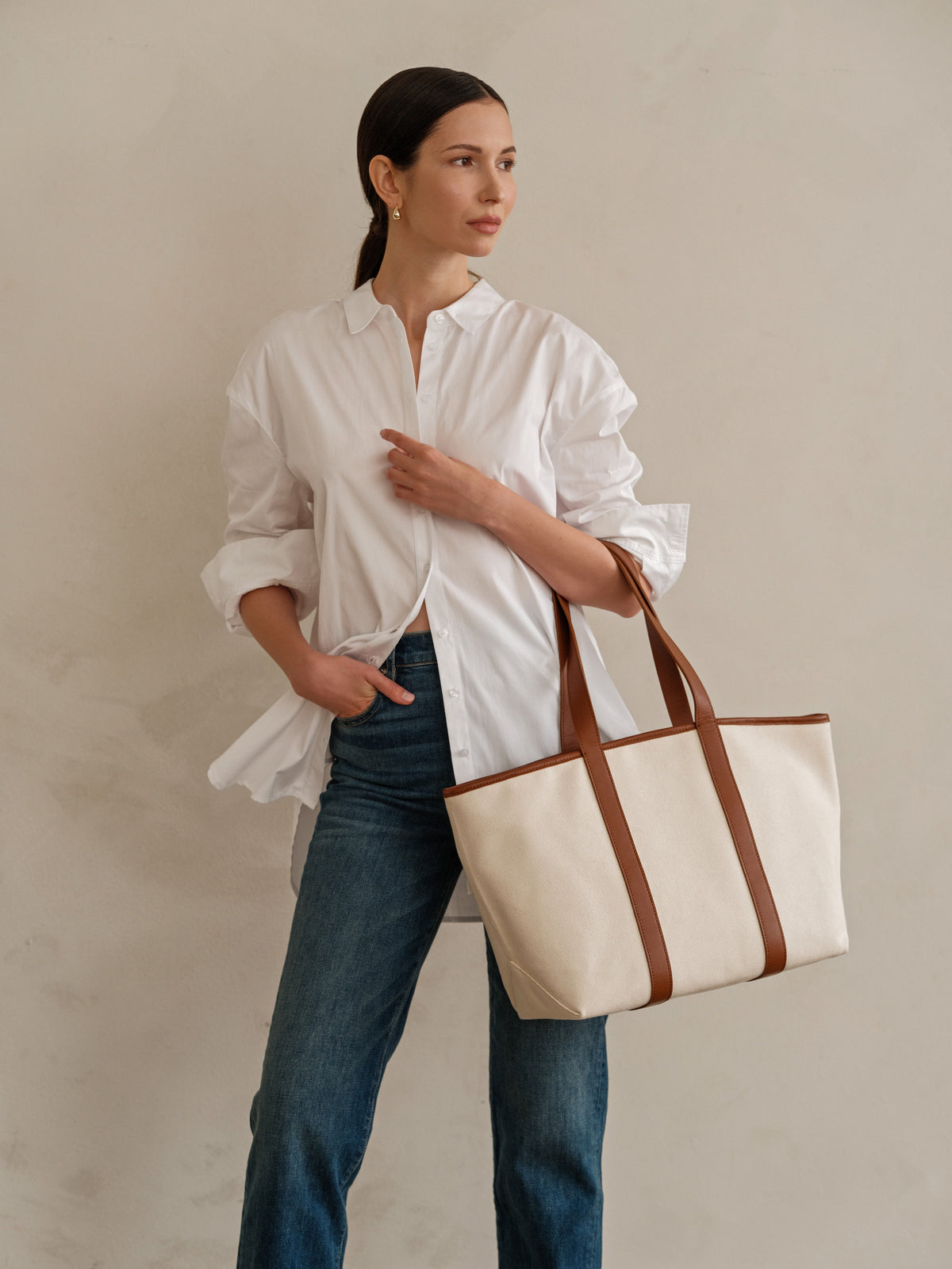 The Structured Tote Bag Luxury Canvas and Leather Work Bag INK + PORCELAIN x Dāl the Label