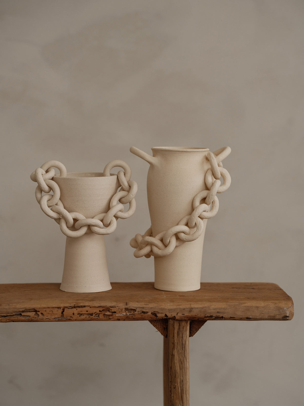 Mora Handmade Chained Vessel Cream Ceramic Sculptural Work of Art Luxury Decor