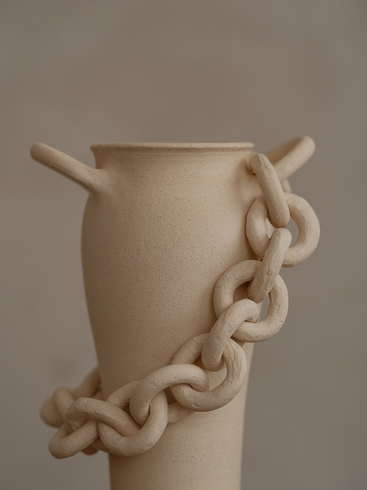 Mora Handmade Chained Vessel Cream Ceramic Sculptural Work of Art Luxury Decor