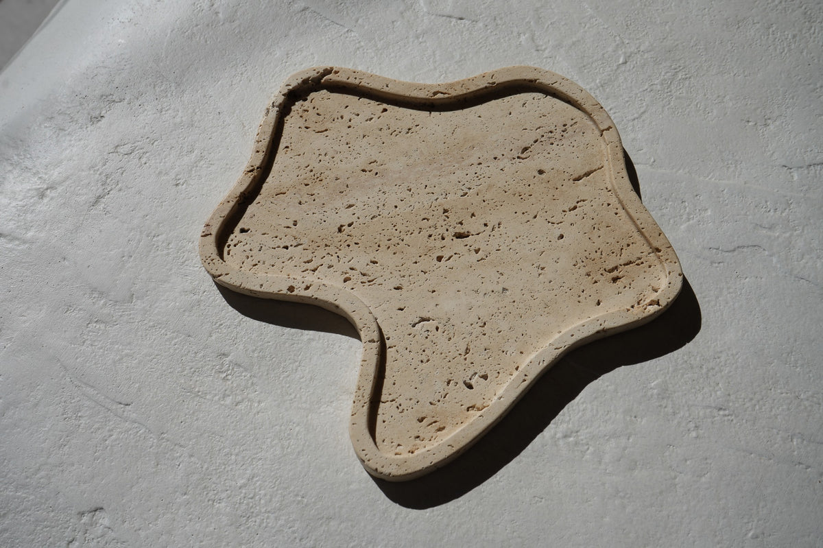 Organic Shape Marble Travertine Stone Flo Tray Home Decor Art Object Minimal Design Decorative Catchall
