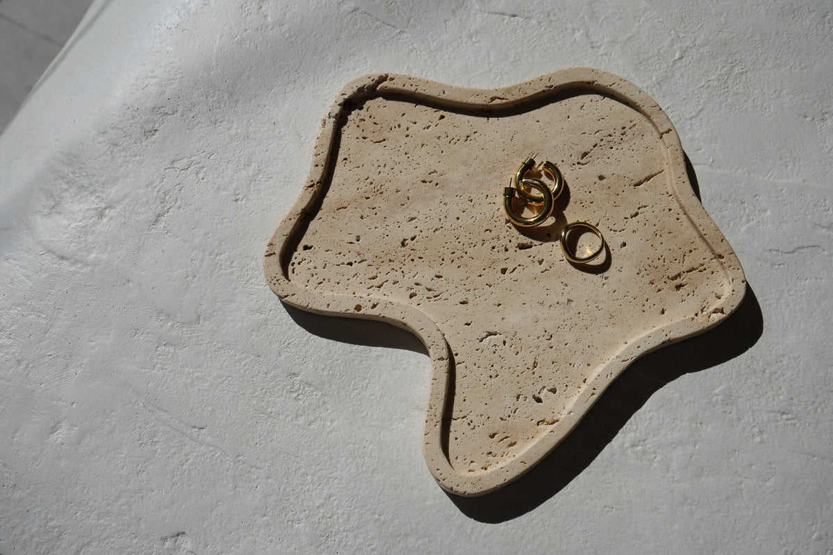 Organic Shape Marble Travertine Stone Flo Tray Home Decor Art Object Minimal Design Decorative Catchall