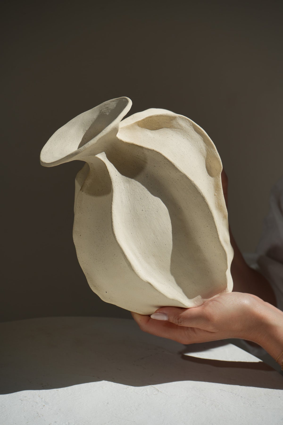 A sculptural ceramic piece inspired by nature's hills and seas. This dynamic, intricately designed vase features smooth curves and textured surfaces, capturing movement and elegance.