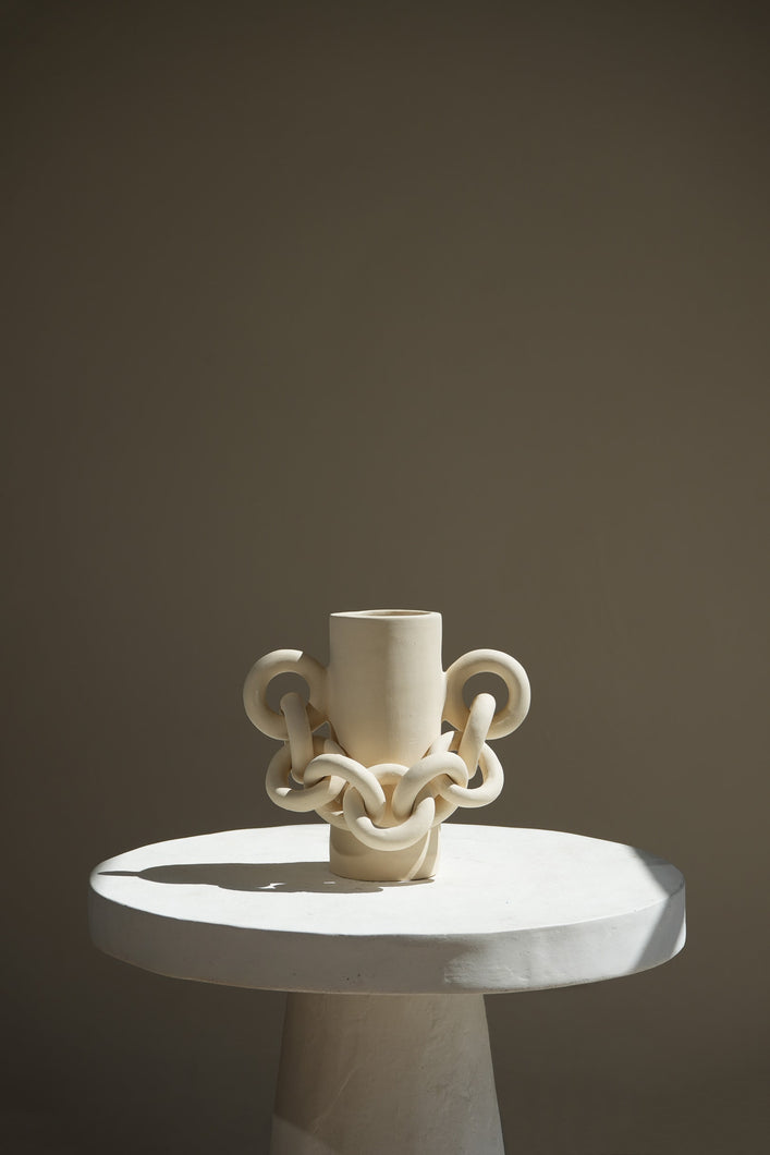 Goddess Chained Vase Handmade Ceramic Vessel Luxury Home Decor in Cream Beige by Amanda Hummes