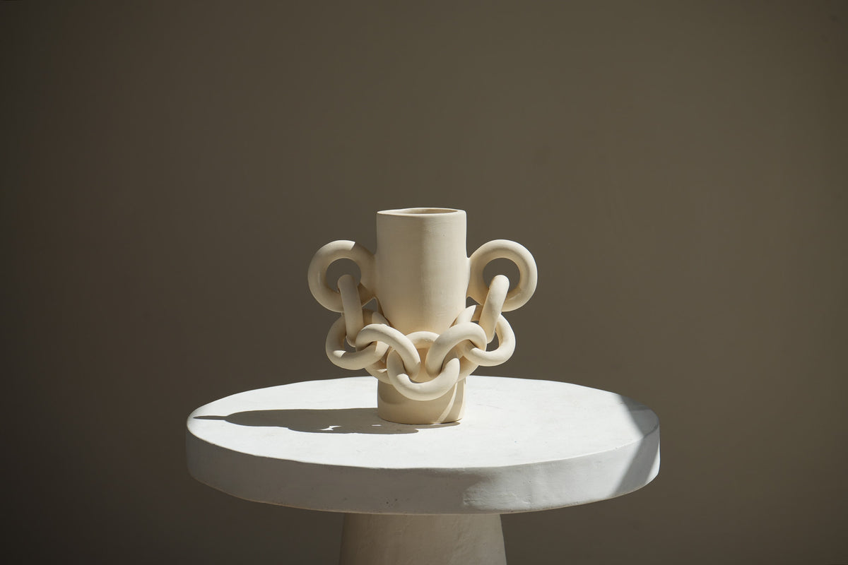 Goddess Chained Vase Handmade Ceramic Vessel Luxury Home Decor in Cream Beige by Amanda Hummes