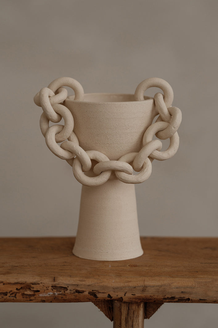 Grekko Handmade Chained Vessel Cream Ceramic Sculptural Work of Art Luxury Decor