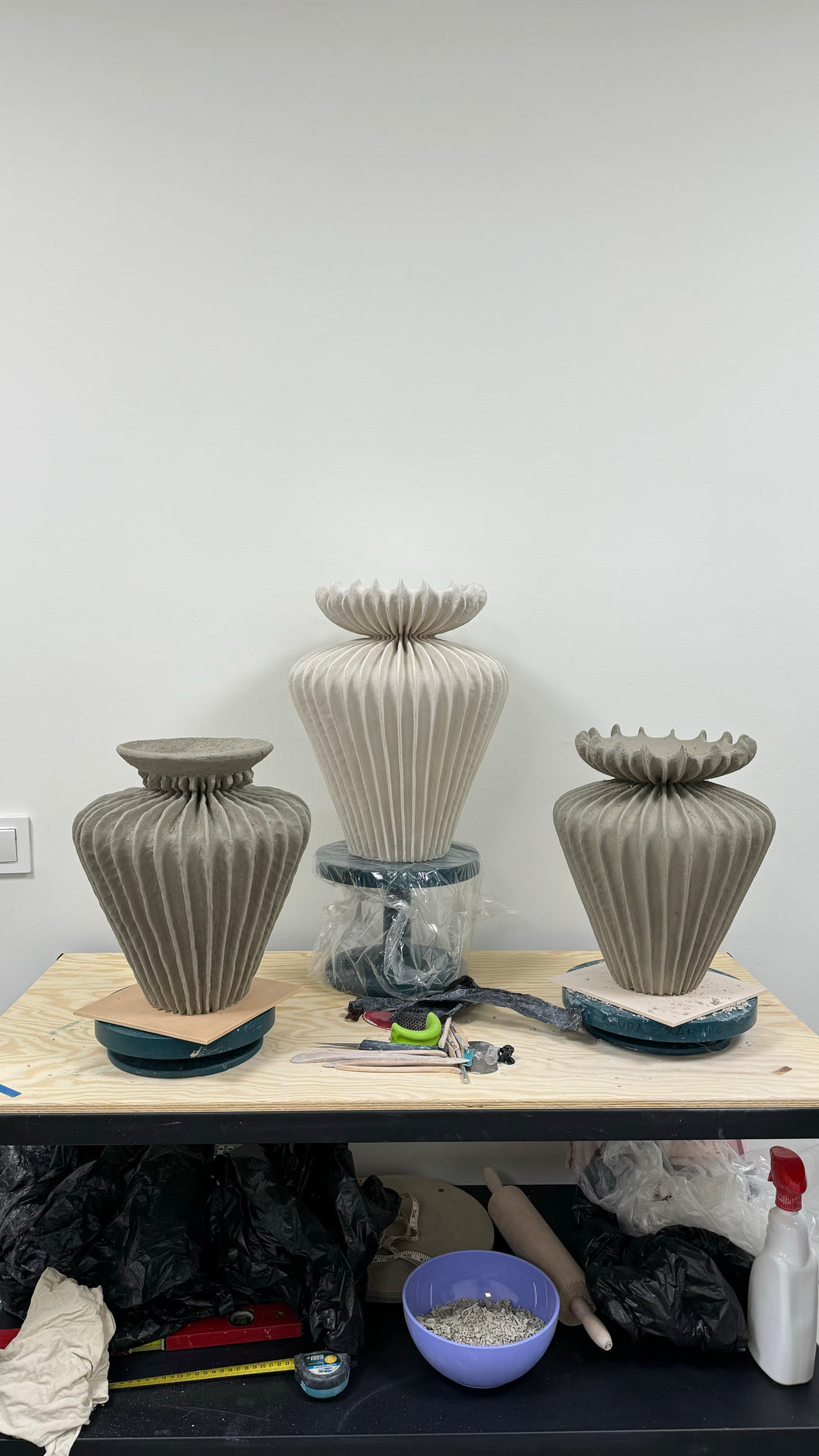 Hand-built Lamellae Sculptural Vessel by Laura Ramirez, textured ceramic surface with organic undulations and natural clay imperfections.