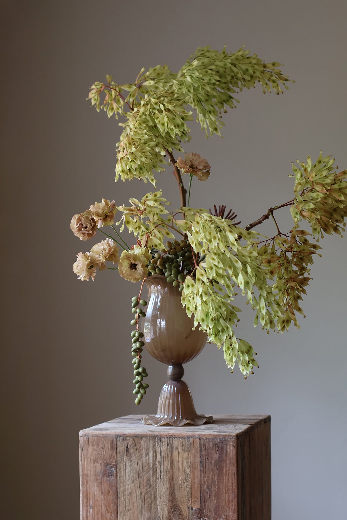Opulent Glass Vessel Sepia, tulip-inspired design with elegant ruffles, adding sophistication and timeless beauty to modern interiors. Perfect for floral arrangements, this sculptural piece blends nature and art for a stunning home decor accent