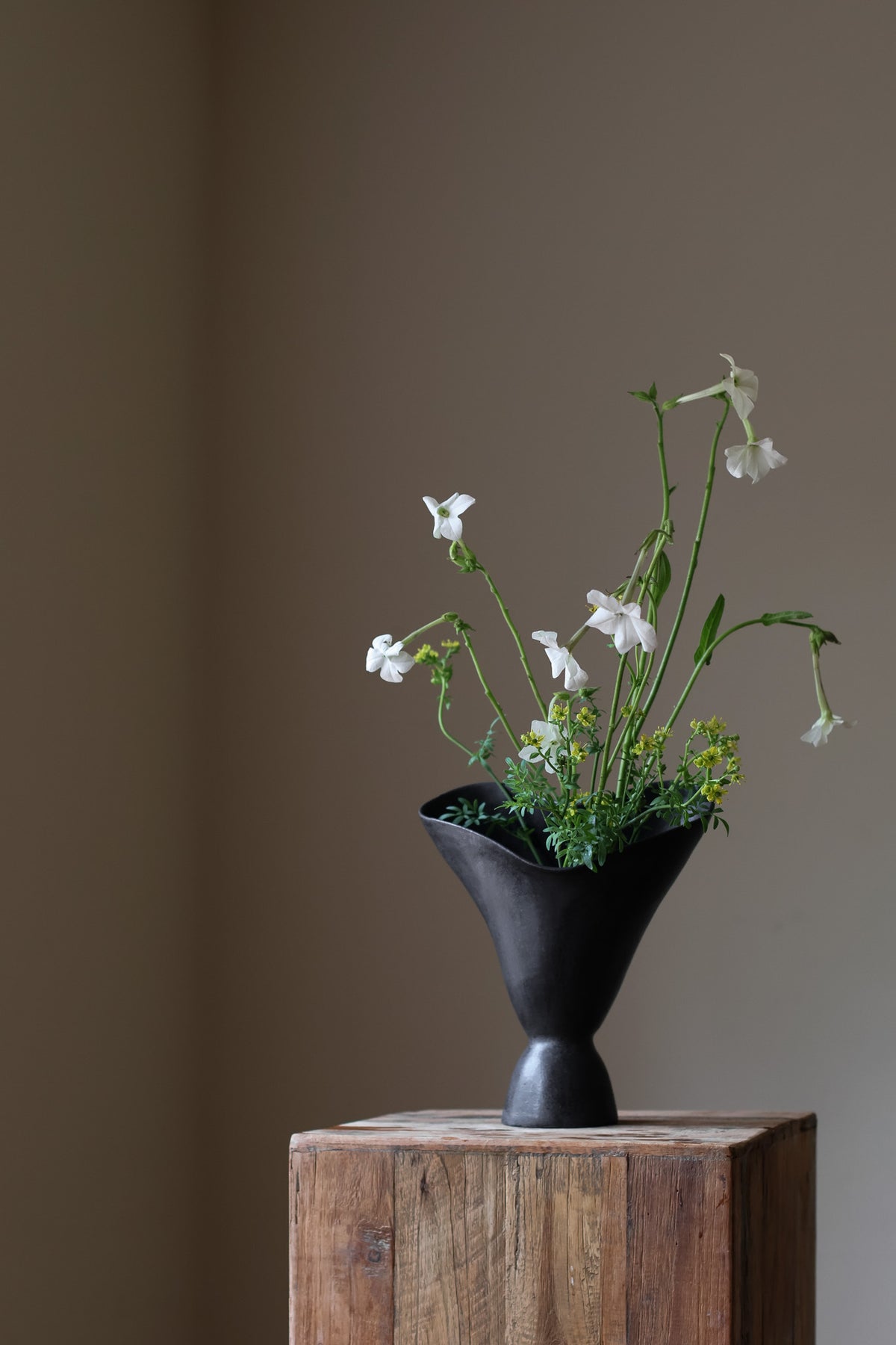 The Aires Sculptural Vessel INK by Karen Quirion, featuring fluid curves and a textured black exterior, creating a romantic yet modern aesthetic. Perfect for floral arrangements and as a striking interior centerpiece.