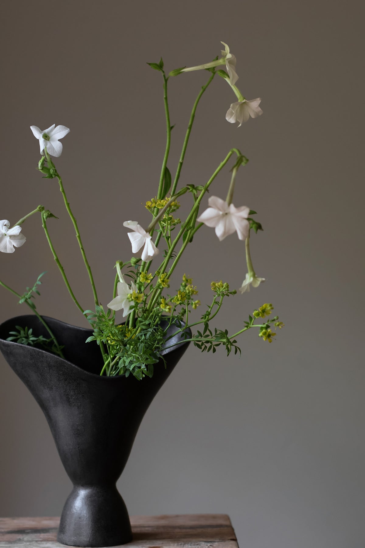 The Aires Sculptural Vessel INK by Karen Quirion, featuring fluid curves and a textured black exterior, creating a romantic yet modern aesthetic. Perfect for floral arrangements and as a striking interior centerpiece.