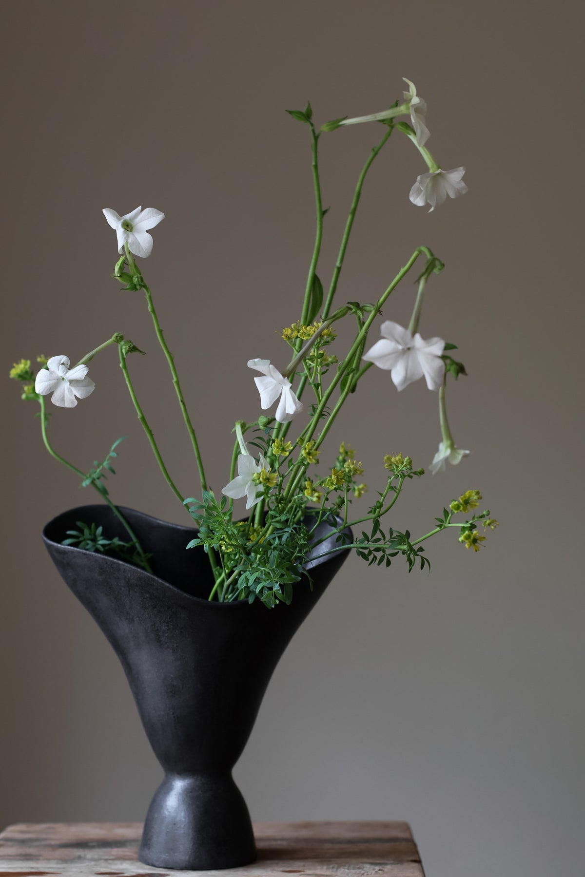 The Aires Sculptural Vessel INK by Karen Quirion, featuring fluid curves and a textured black exterior, creating a romantic yet modern aesthetic. Perfect for floral arrangements and as a striking interior centerpiece.