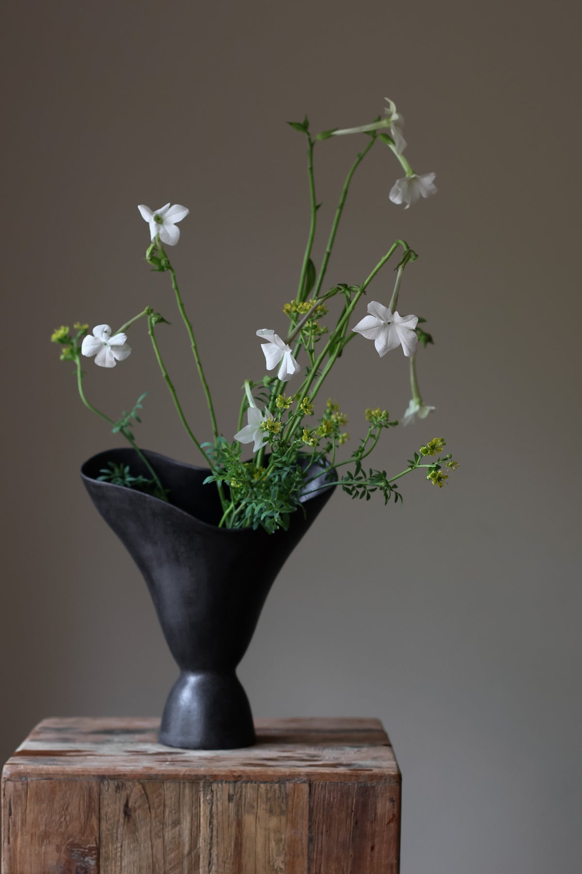 The Aires Sculptural Vessel INK by Karen Quirion, featuring fluid curves and a textured black exterior, creating a romantic yet modern aesthetic. Perfect for floral arrangements and as a striking interior centerpiece.