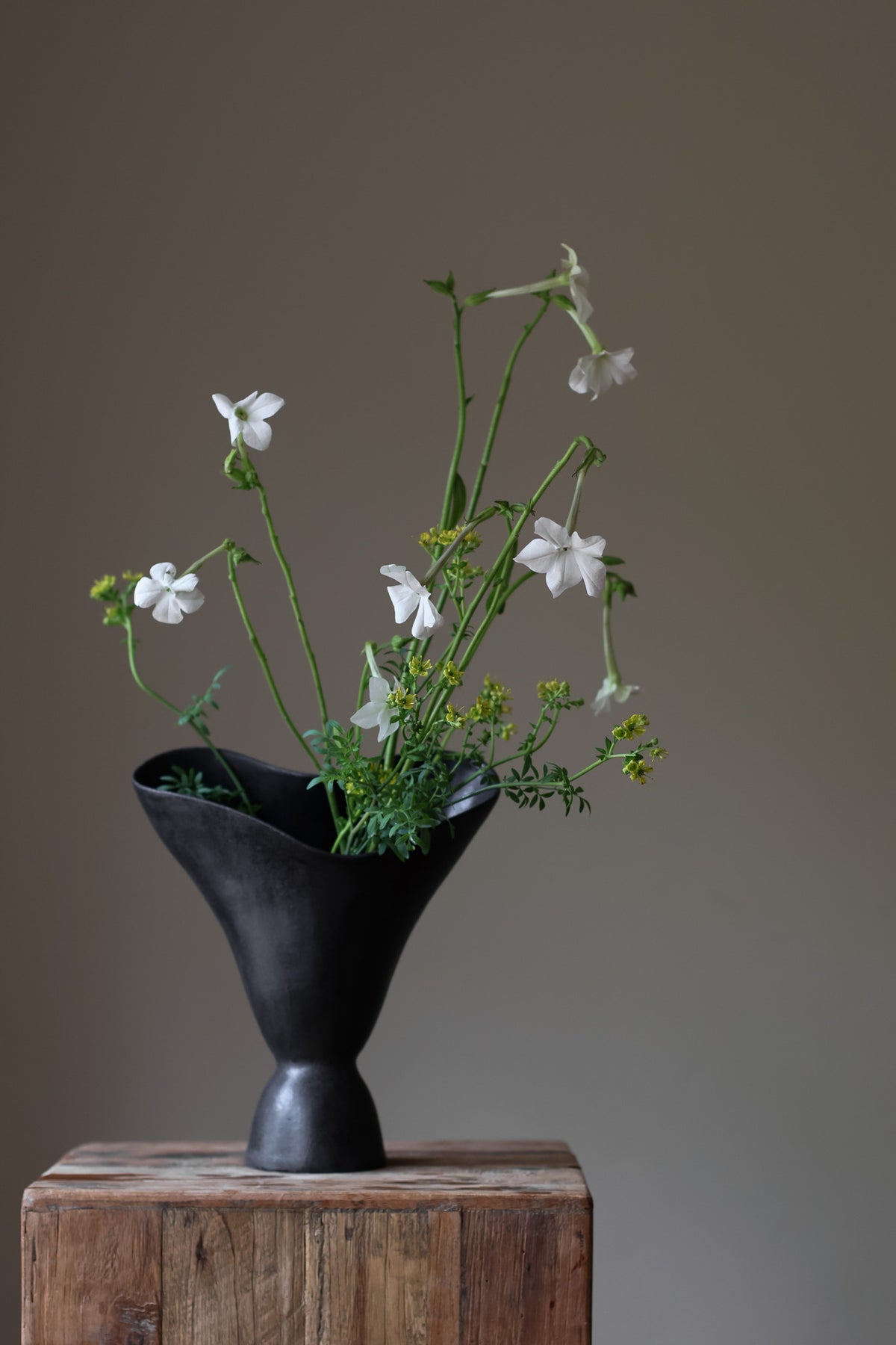 The Aires Sculptural Vessel INK by Karen Quirion, featuring fluid curves and a textured black exterior, creating a romantic yet modern aesthetic. Perfect for floral arrangements and as a striking interior centerpiece.