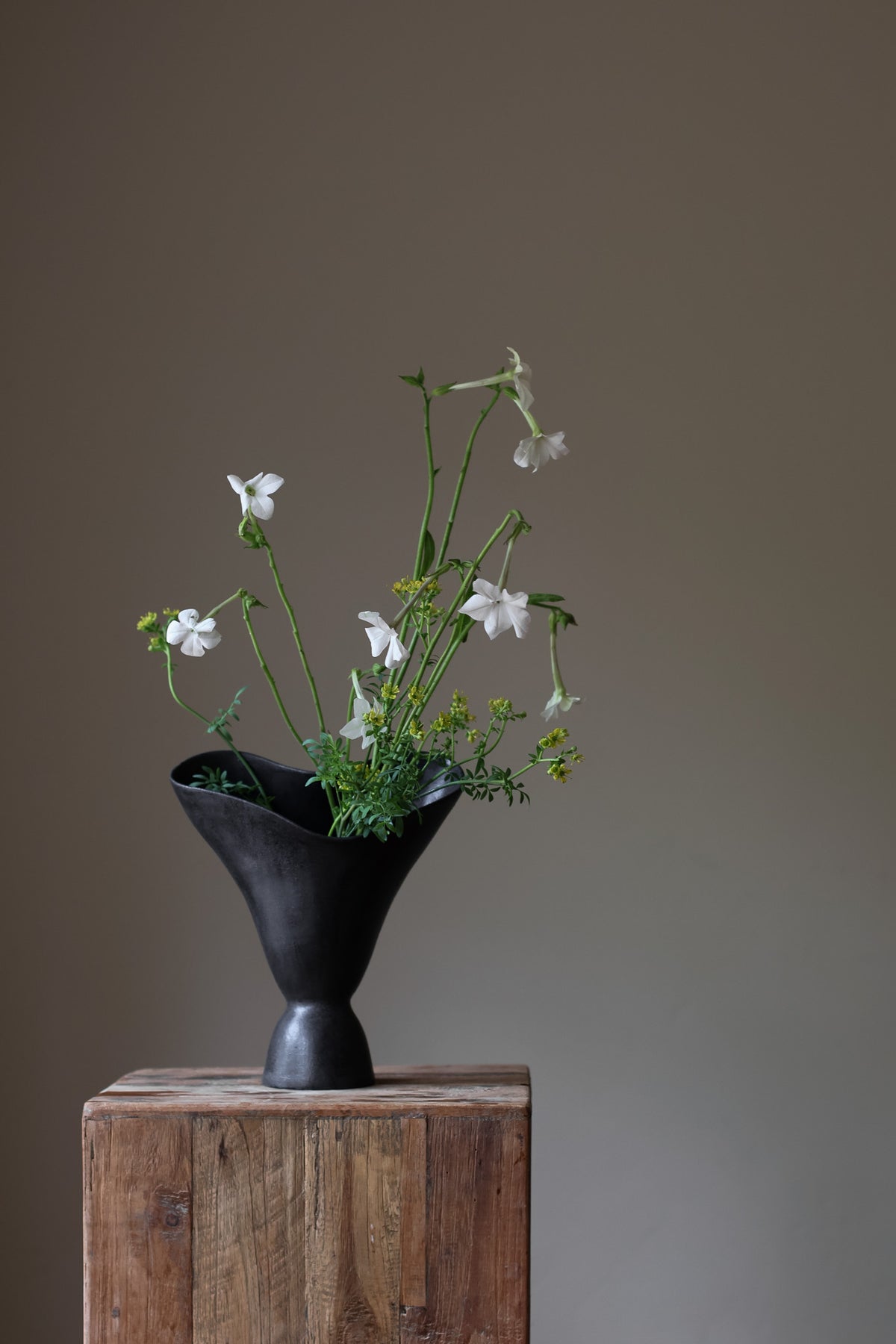 The Aires Sculptural Vessel INK by Karen Quirion, featuring fluid curves and a textured black exterior, creating a romantic yet modern aesthetic. Perfect for floral arrangements and as a striking interior centerpiece.