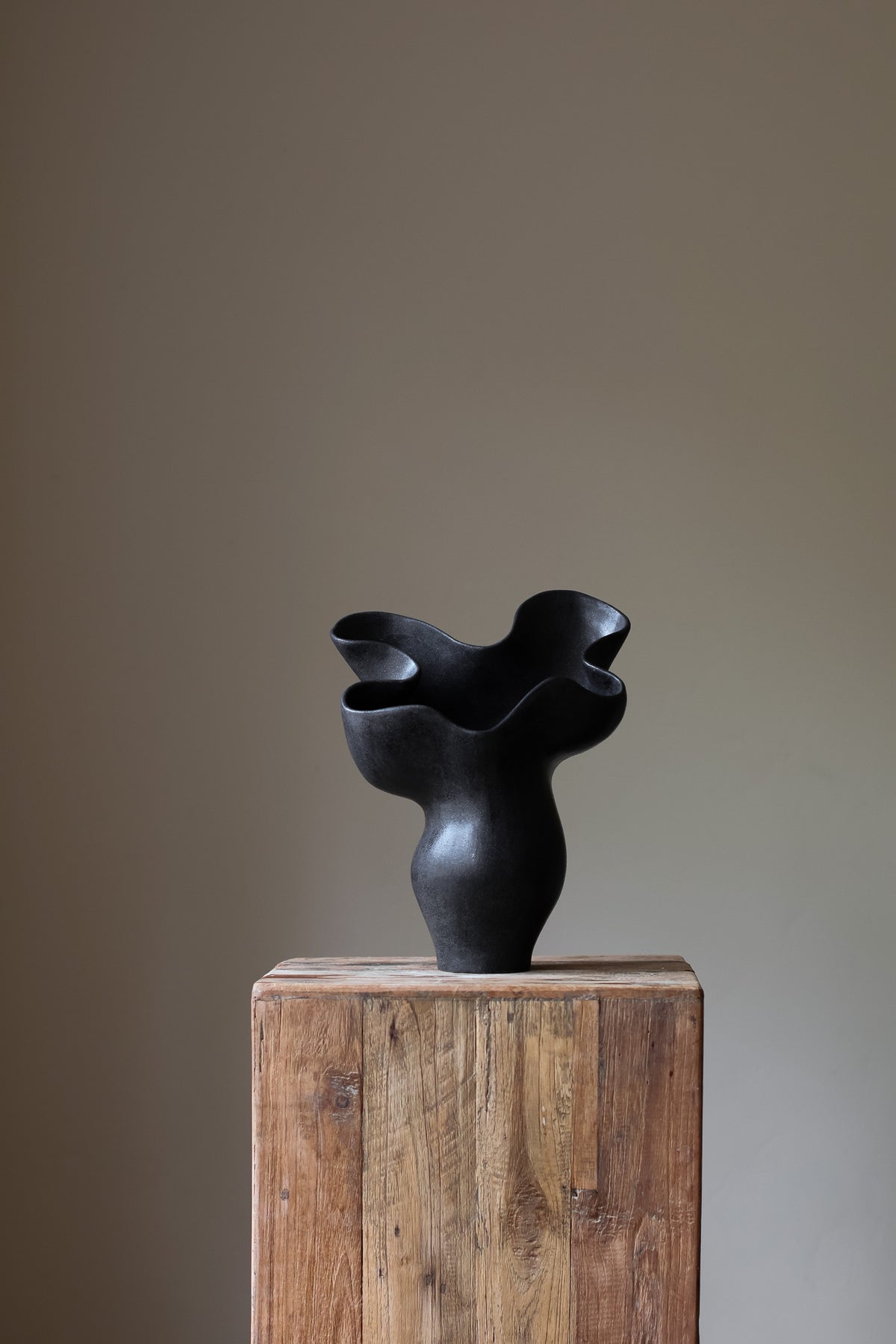 The Spur Sculptural Vessel by Karen Quirion, featuring five rounded petals and sharp, geometric angles in a deep charcoal hue. A blend of brutalist influence and refined elegance.