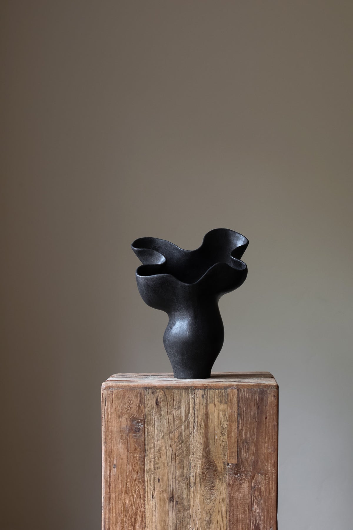 The Spur Sculptural Vessel by Karen Quirion, featuring five rounded petals and sharp, geometric angles in a deep charcoal hue. A blend of brutalist influence and refined elegance.