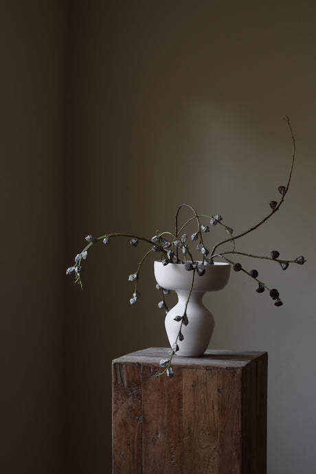 Minimalist off-white Hourglass Porcelain Vase Large, wide shallow bowl atop slender hourglass-shaped base, perfect sculptural decor accent.
