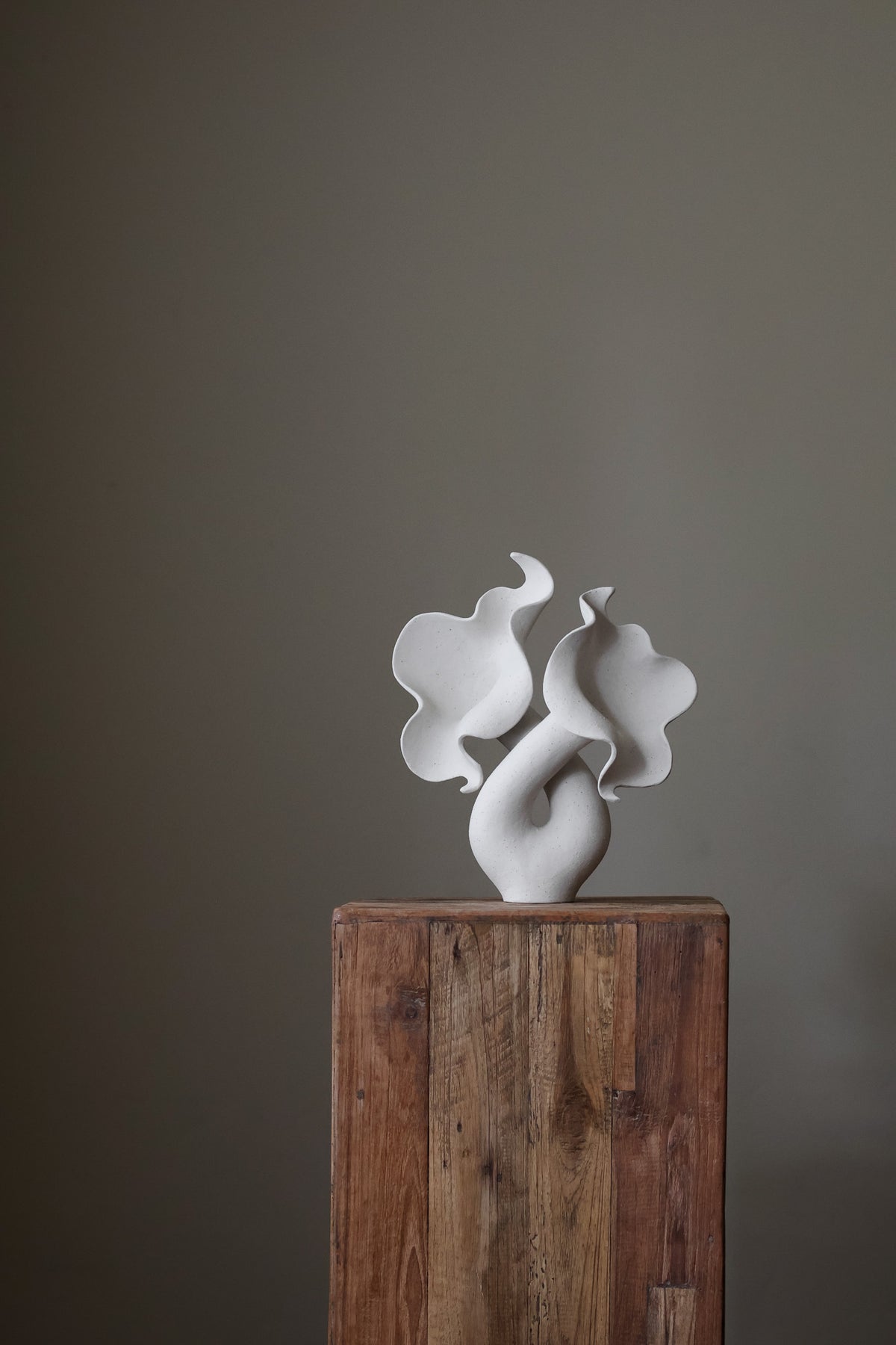 Hand-built dark ceramic vase with a textured, matte finish and two dramatically looped, sculptural handles. 