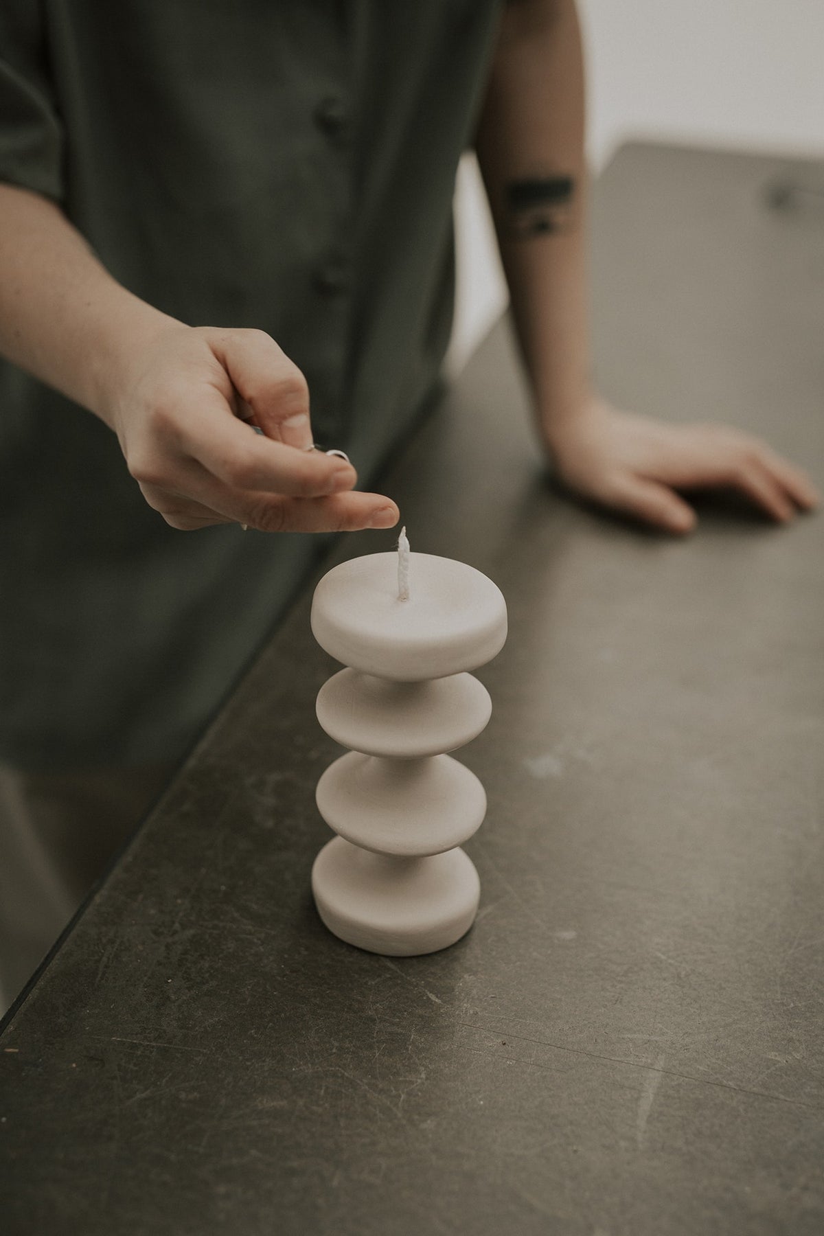 Big Mutatio Gray Sculptural Art Candle Handmade By Mulier Studio. Hand Sculpted Wax Decorative Curvy Totem Pillar Candle Exclusively on INK + PORCELAIN. Artful Objects Designed by Women