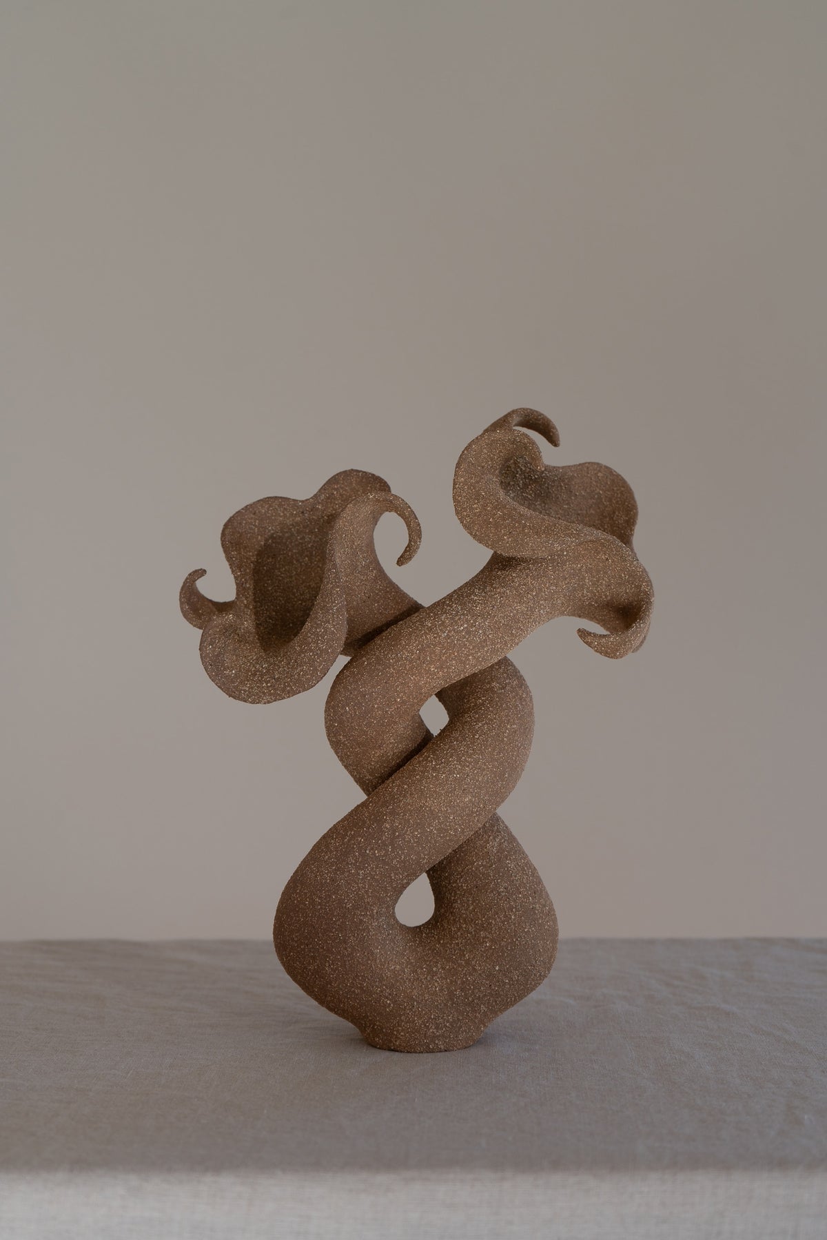 A striking matte brown ceramic vessel with curvaceous and organic shapes, combining soft brutalism with nature-inspired design. 