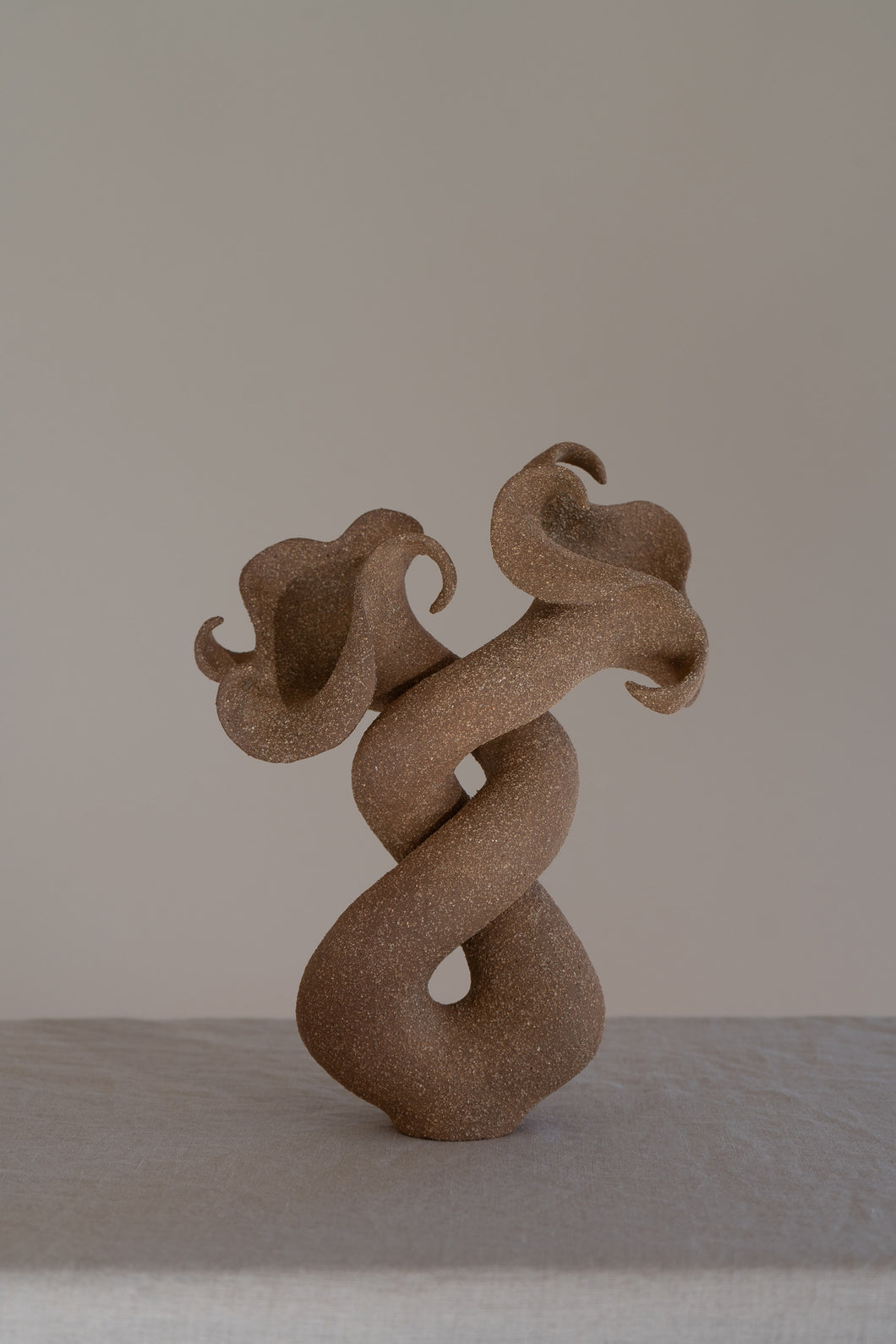 A striking matte brown ceramic vessel with curvaceous and organic shapes, combining soft brutalism with nature-inspired design. 