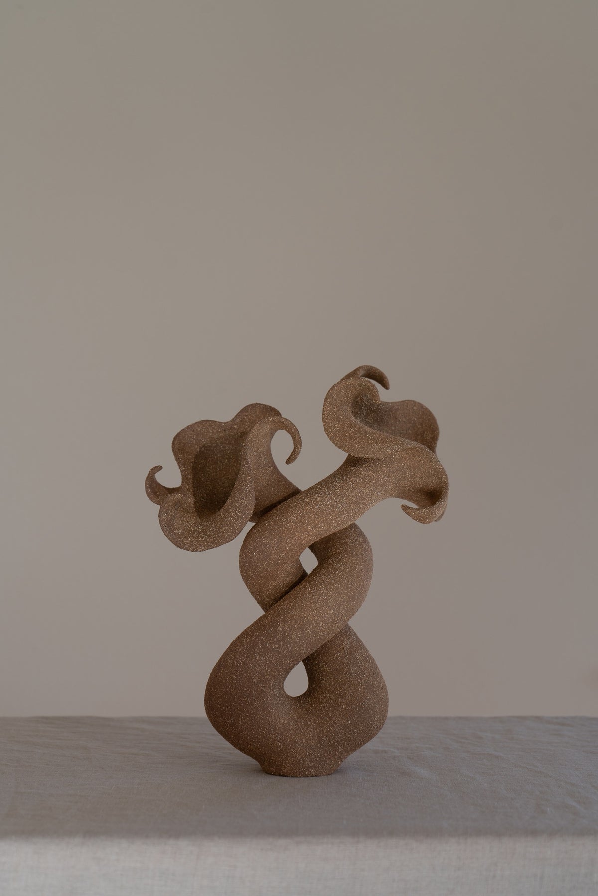 A striking matte brown ceramic vessel with curvaceous and organic shapes, combining soft brutalism with nature-inspired design. 