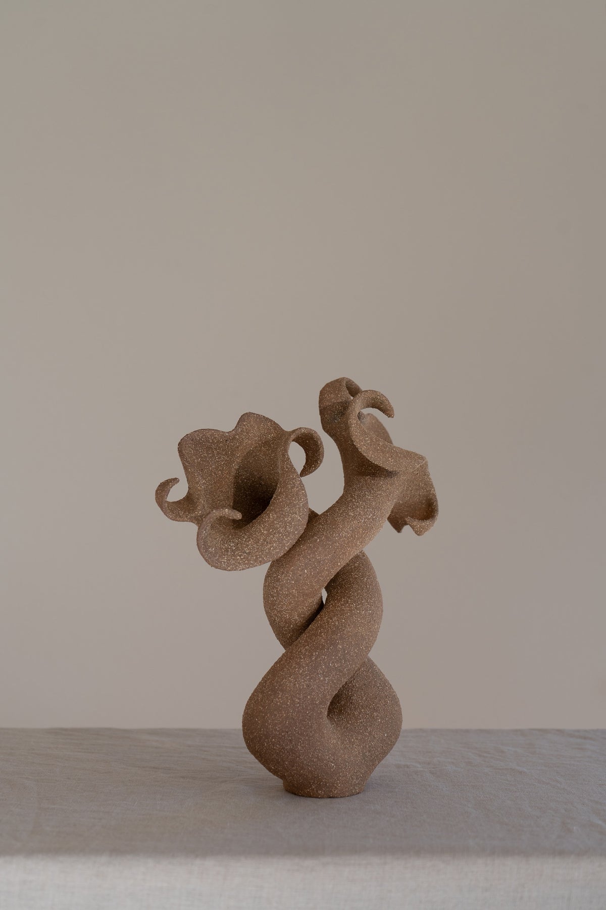 A striking matte brown ceramic vessel with curvaceous and organic shapes, combining soft brutalism with nature-inspired design. 