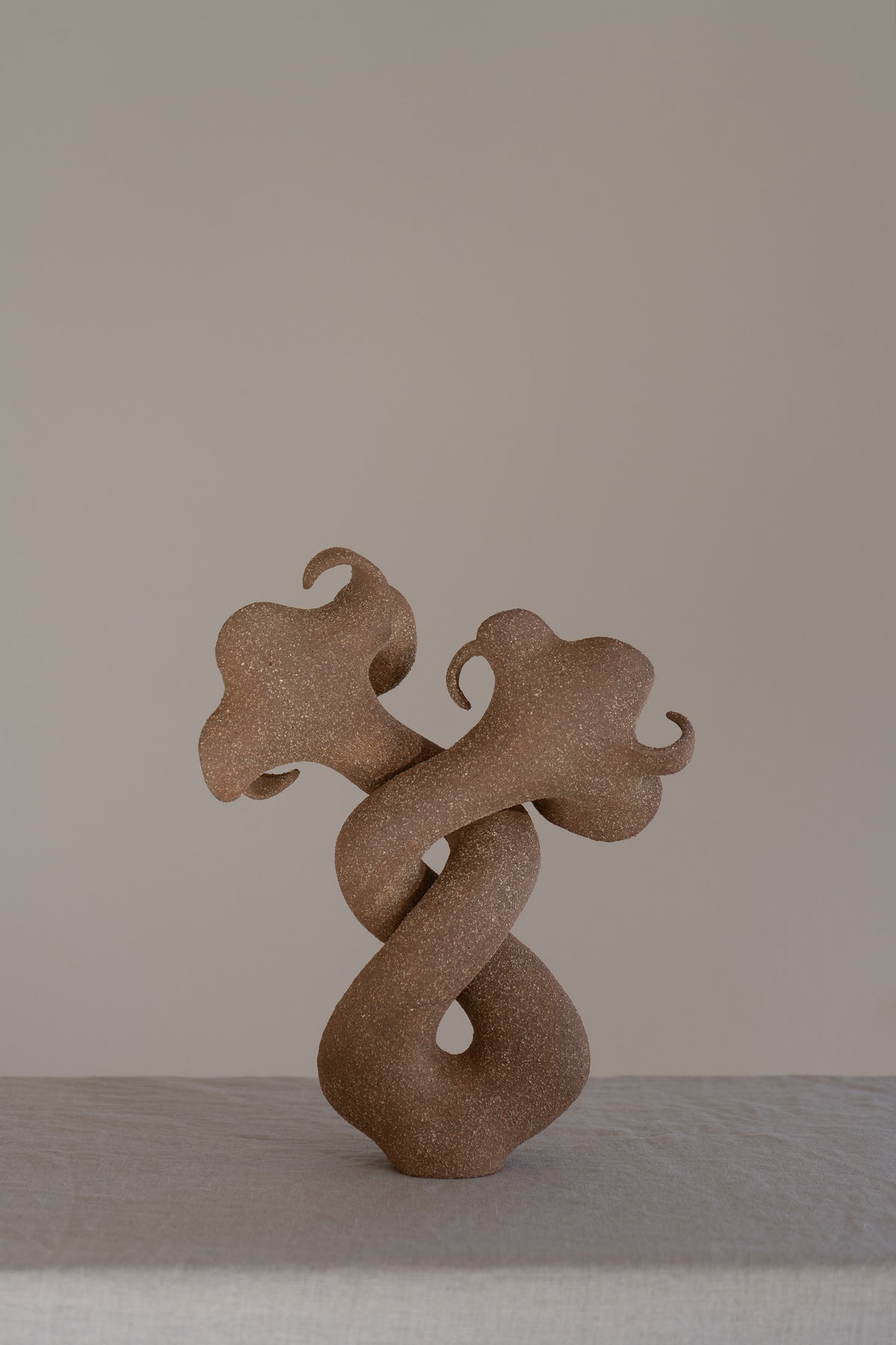A striking matte brown ceramic vessel with curvaceous and organic shapes, combining soft brutalism with nature-inspired design. 
