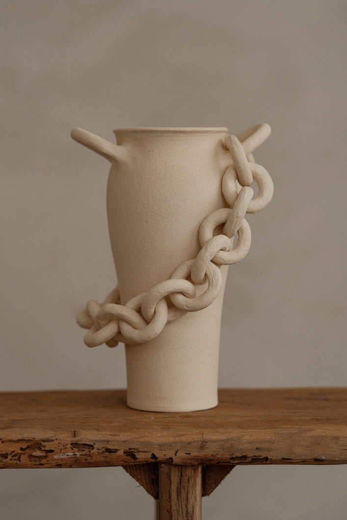 Mora Handmade Chained Vessel Cream Ceramic Sculptural Work of Art Luxury Decor