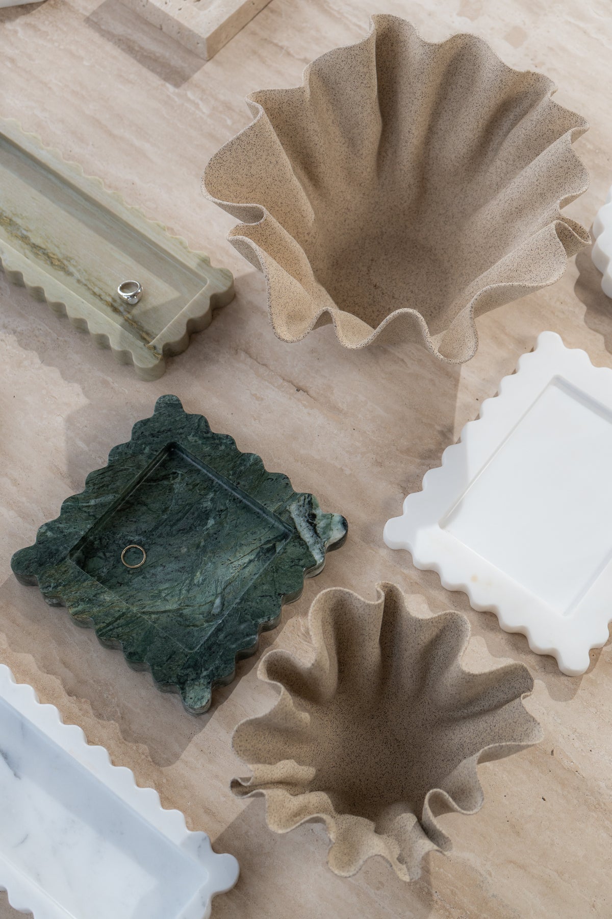 Marble Stone Tray Home Decor Art Object Minimal Design Decorative Catchall Scalloped Edges