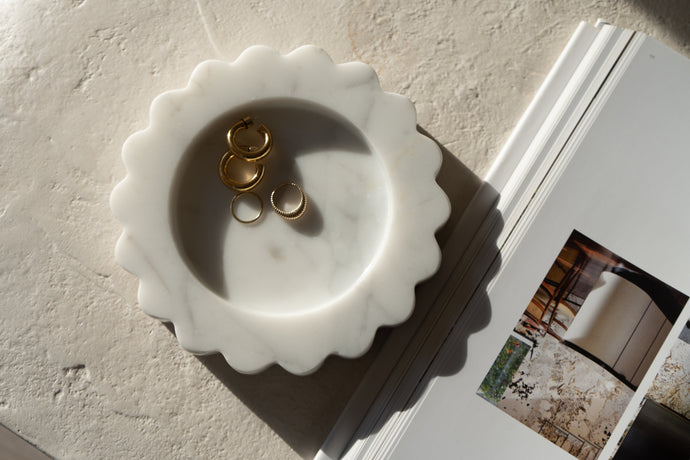 Marble Stone Tray Home Decor Art Object Minimal Design Decorative Catchall Sun Shaped Scalloped Edges