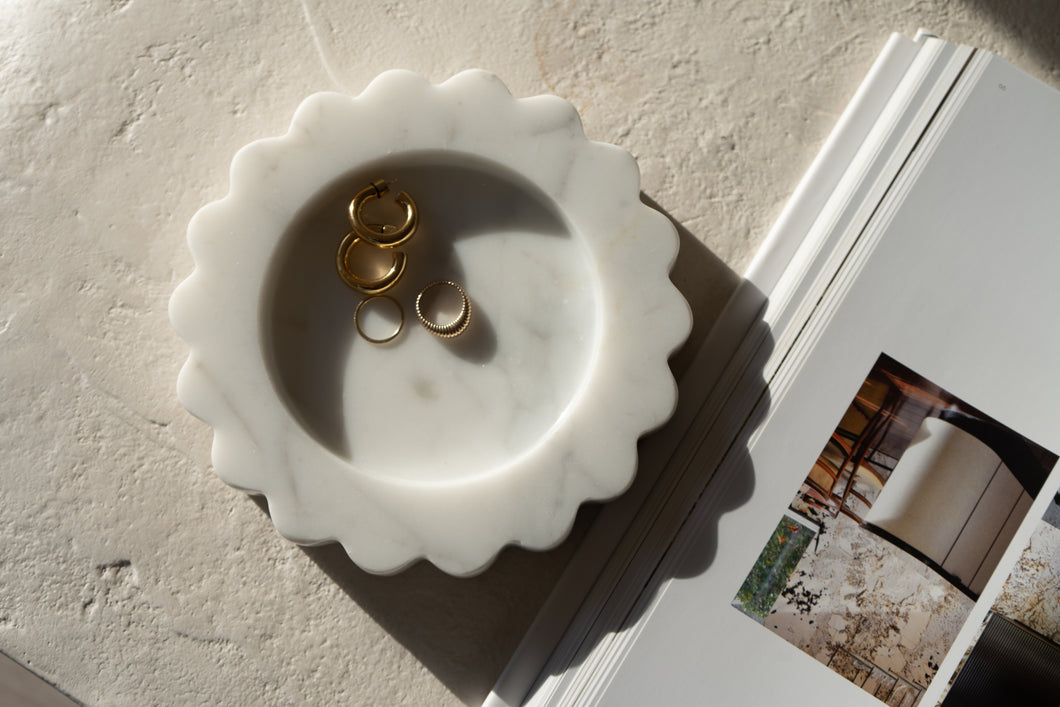 Marble Stone Tray Home Decor Art Object Minimal Design Decorative Catchall Sun Shaped Scalloped Edges