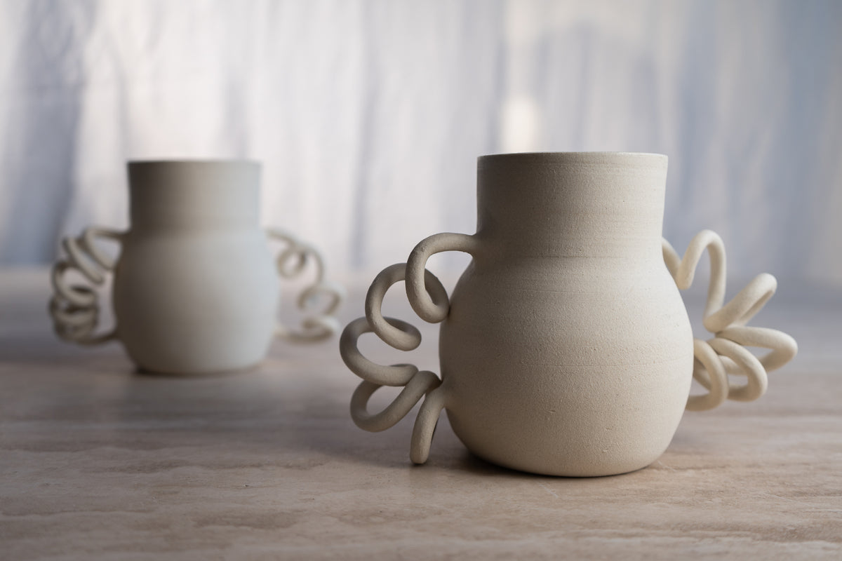Unique Vase with Spring Handles Handmade Home Decor Ceramic Art Object Interior Design Decorative.